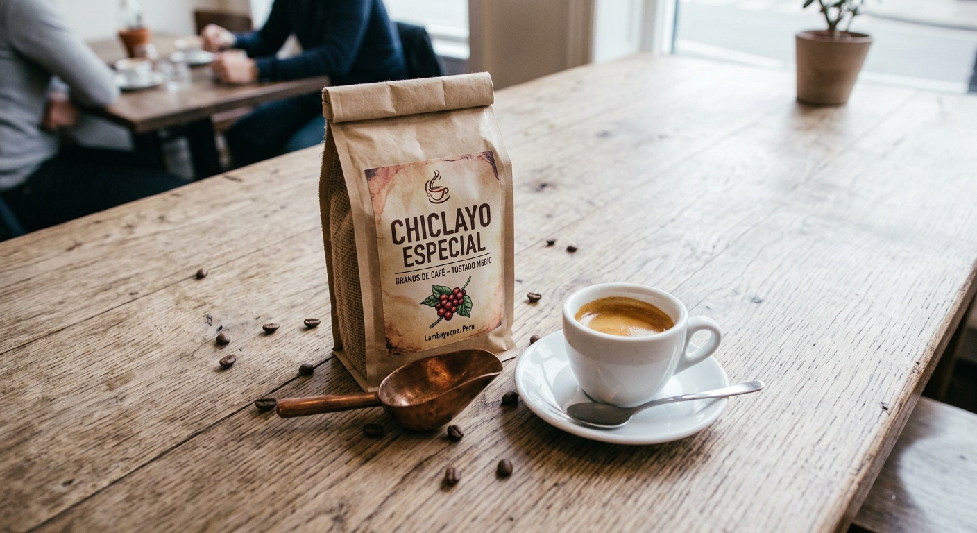 Bolsa kraft de café Chiclayo Especial junto a un espresso y una pala de cobre