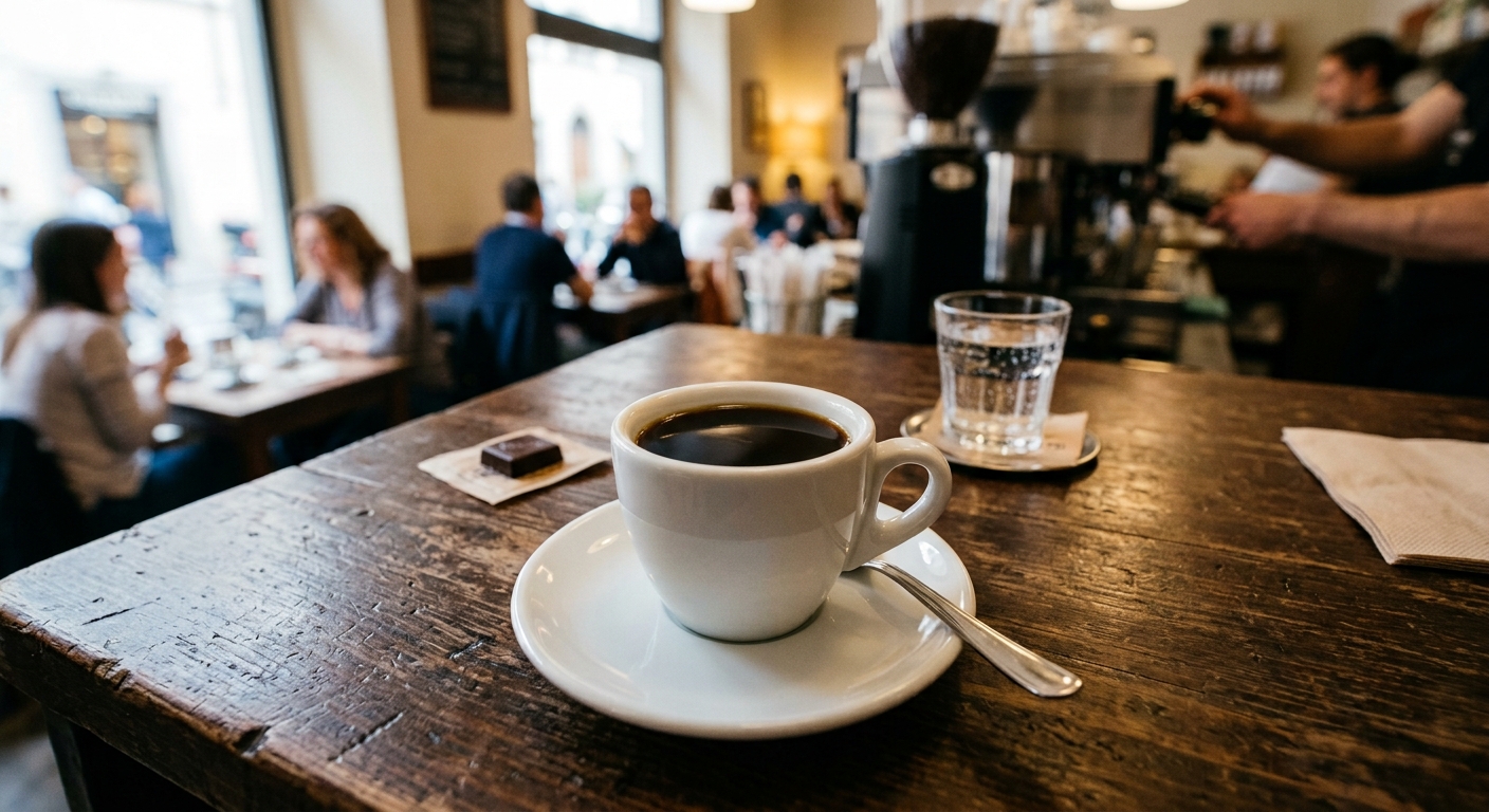 Taza de café filtrado sobre una barra de madera en la cafetería, con el barista trabajando al fondo